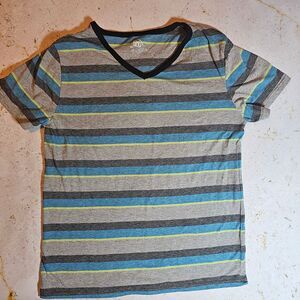 EUC Revolution Men's Size XL Striped V-Neck T-Shirt Blue Gray Lime Short Sleeve
